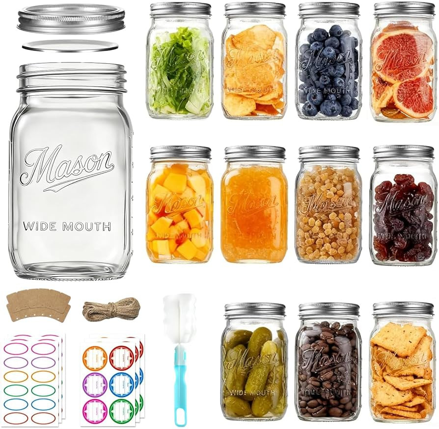 Mason Jars 32 oz,12 Pack Large Wide Mouth Mason Jar with Airtight Lids and Bands|Quart Glass Cann... | Amazon (US)