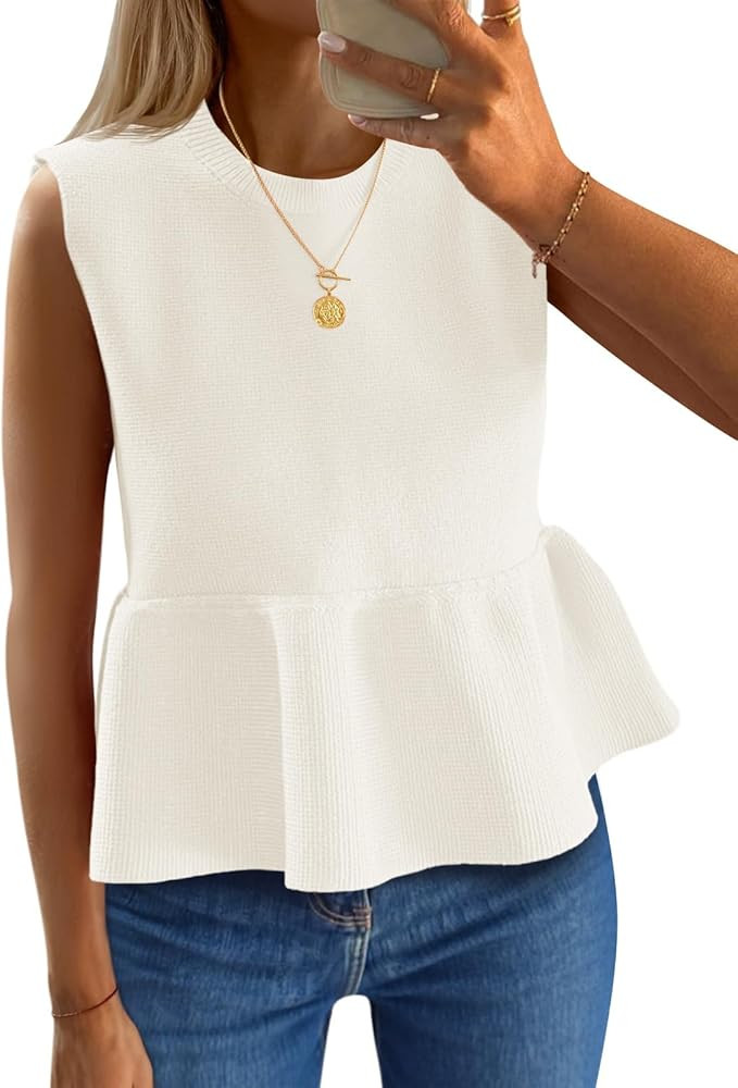 Saodimallsu Womens Sleeveless Babydoll Tank Tops Peplum Ruffle Crew Neck Ribbed Knit Summer Trend... | Amazon (US)