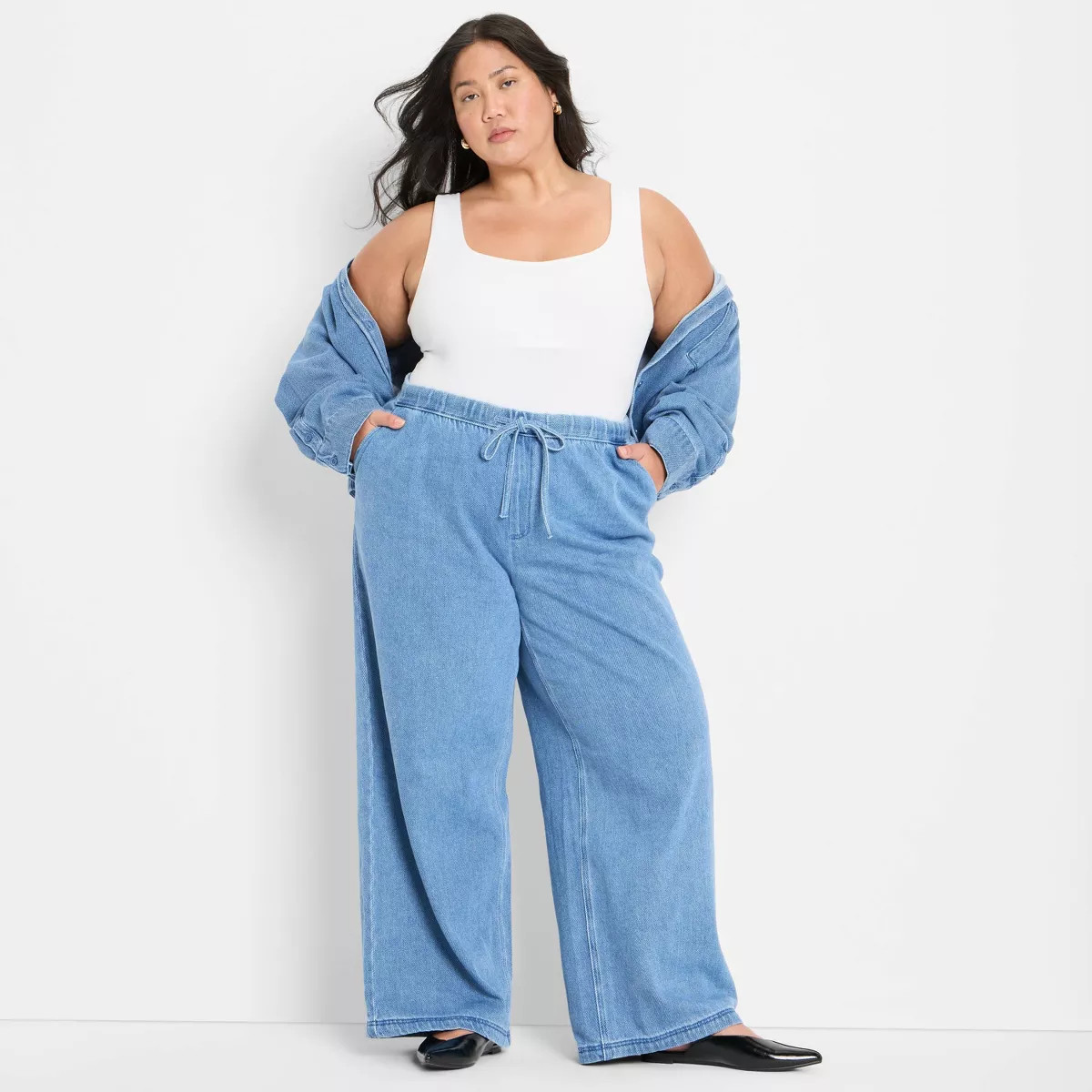 Women's Mid-Rise Wide Leg Denim Drawstring Pull-On Pants - Future Collective Light Blue 2X | Target