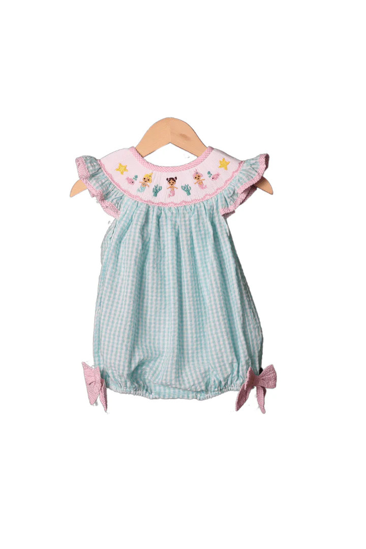 Smocked Turquoise Seersucker Mermaid Bubble | The Smocked Flamingo