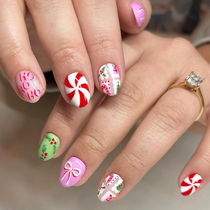 Christmas Press on Nails Candy Fake Nails Pink False Nail with Bow Design Holly Glue on Nails Glo... | Amazon (US)