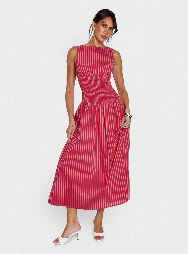 Lilienne Cotton Poplin Maxi Dress Red Stripe | Princess Polly US