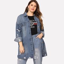 Plus Pocket Patched Ripped Denim Jacket | SHEIN
