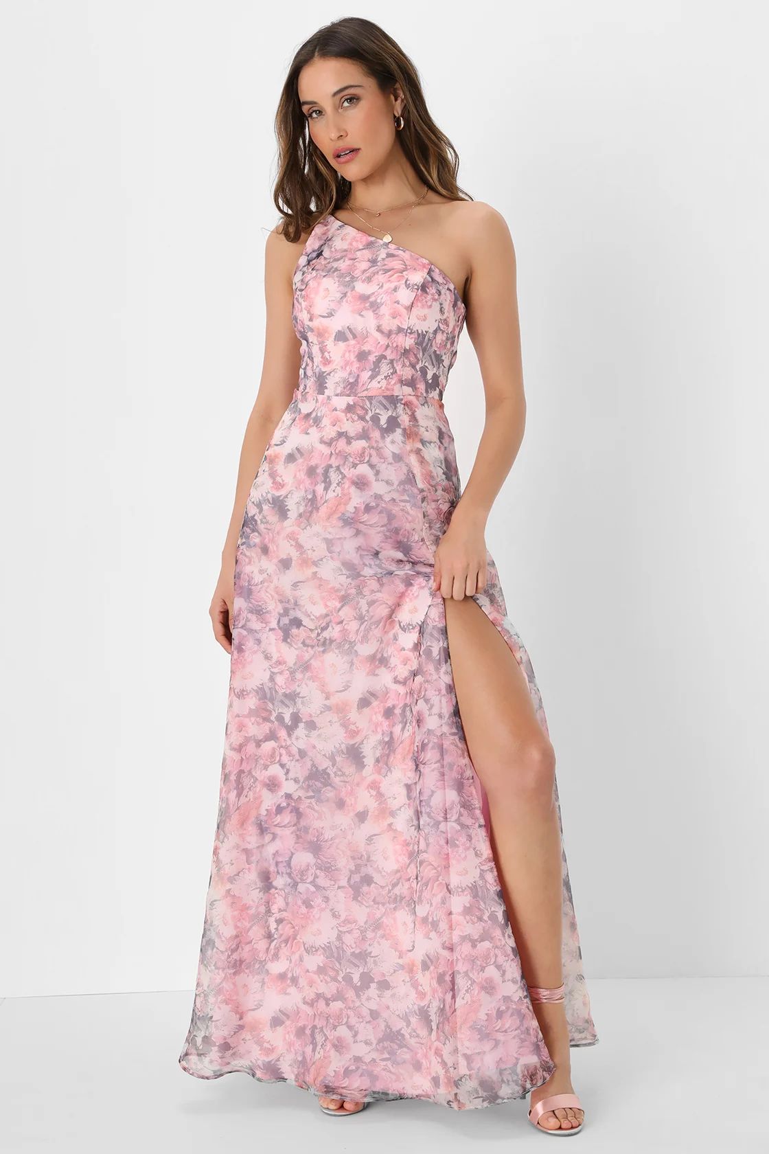 Exquisite Affair Pink Floral Organza One-Shoulder Maxi Dress | Lulus (US)