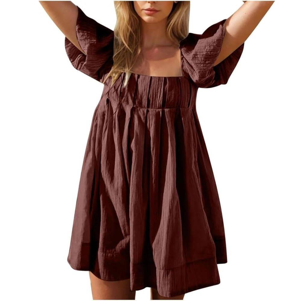 Womens Square Neck Dresses Puff Sleeve High Waist A-Line Casual Smocked Short Babydoll Mini Dress | Amazon (US)