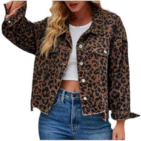 Justalwart Denim Jacket for Women Leopard Print Retro Shape Button-up Front Bomber Jacket | Amazon (US)