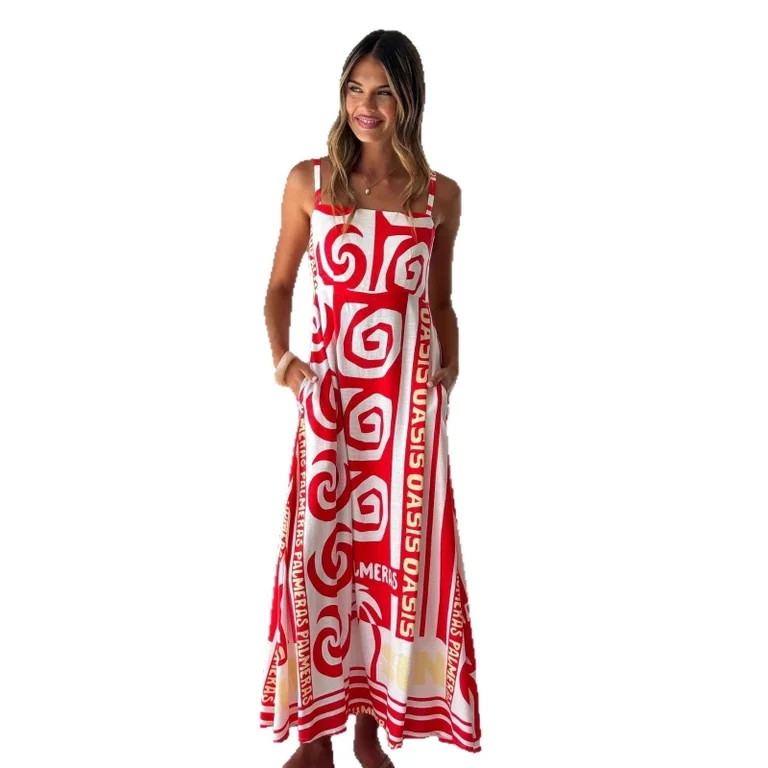 Women's Fashion Printed Beach Vacation Linen Spaghetti Strap Maxi Dress, Sleeveless Flowy Boho Su... | Walmart (US)