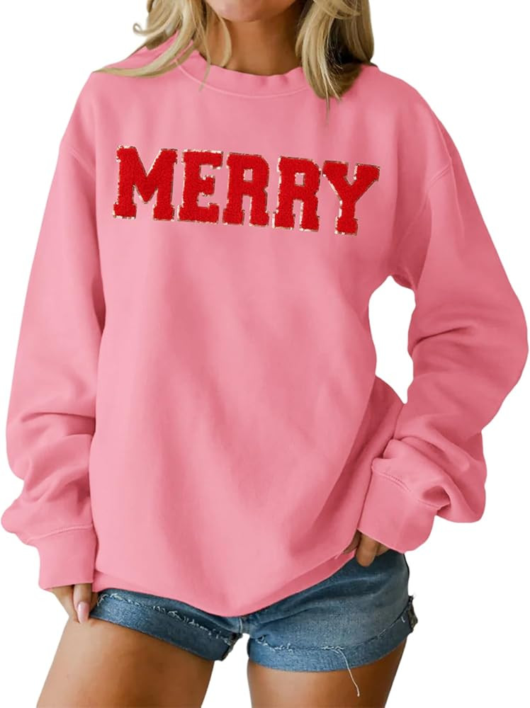 IZYJOY Christmas Women's Merry Graphic Sweatshirt Chenille Patch Letter Printed Crewneck Xmas Gif... | Amazon (US)
