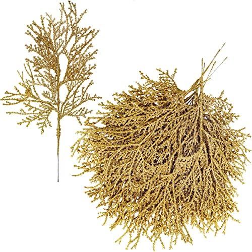 15 Pcs Gold Glitter Artificial Cedar Sprigs Picks Faux Cedar Branches Stems Christmas Tree Picks Spr | Amazon (US)