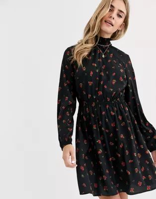 New Look shirred neck mini dress in rose ditsy floral print | ASOS US