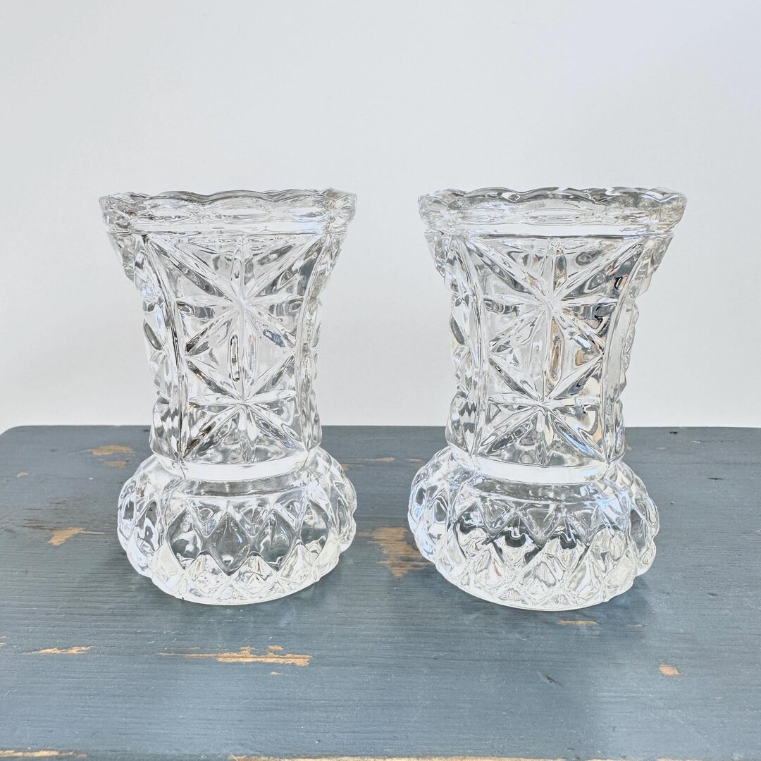 Vintage Cut Glass Bud Vase, Small Clear Glass Toothpick or Match Holder Set of 2, Scalloped Edge,... | Etsy (US)