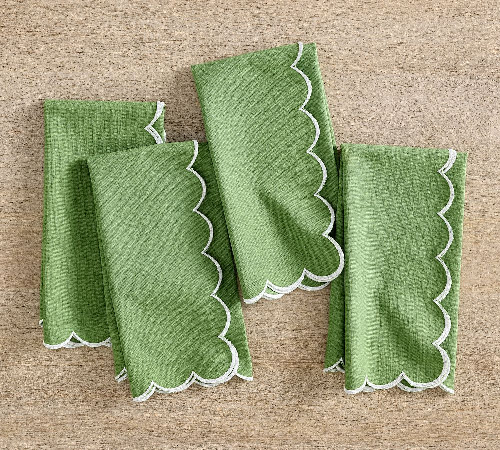 Scallop Border Cotton/Linen Napkins, Set of 4 - Green/White | Pottery Barn (US)