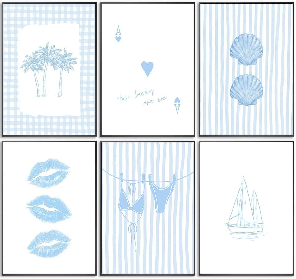 6Pcs Blue Preppy Canvas Wall Art Coastal Coquette Room Posters Print Artwork How Lucky Are We Wal... | Amazon (US)