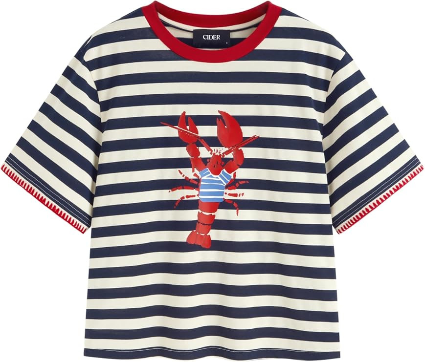 CIDER Striped Crop Tops Lobster Crew Neck Going Out Tops Short Sleeves Beach Vacation Summer Tren... | Amazon (US)