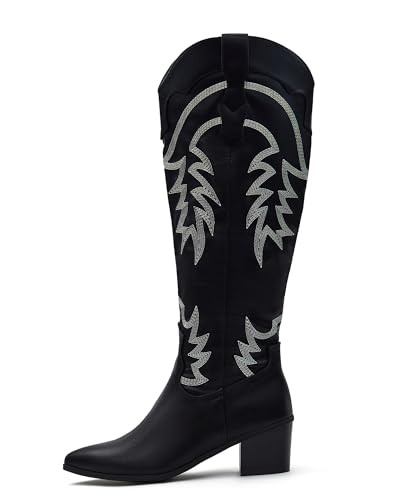 Coutgo Womens Cowgirl Boots Western Knee High Tall Boots Embroidered Chunky Heel Pointed Toe Zipper Dress Boots, Black, Size 8.5 | Amazon (US)