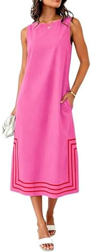 Womens Boho Linen Maxi Dress Sleeveless Split Sundress Color Block A-Line Coverups Beach Vacation... | Amazon (US)