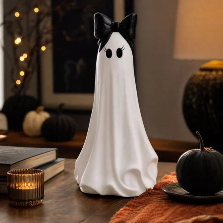 Texas Large Ghost Tabletop Decoration - Matte White Resin Standing Ghost Tabletop Figurine with Black Bowknot, 13.8in Gentle Whimsical Autumn Halloween Indoor Shelf and Mantel Decoration | Walmart (US)