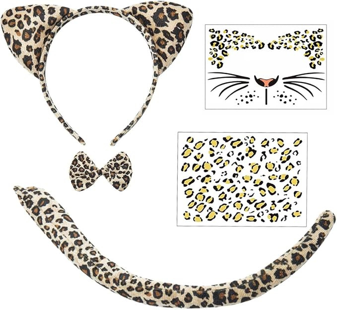 Leopard Cheetah Ears and Tail Cheetah Costume Women Leopard Ears Headband with Stickers Halloween... | Amazon (US)
