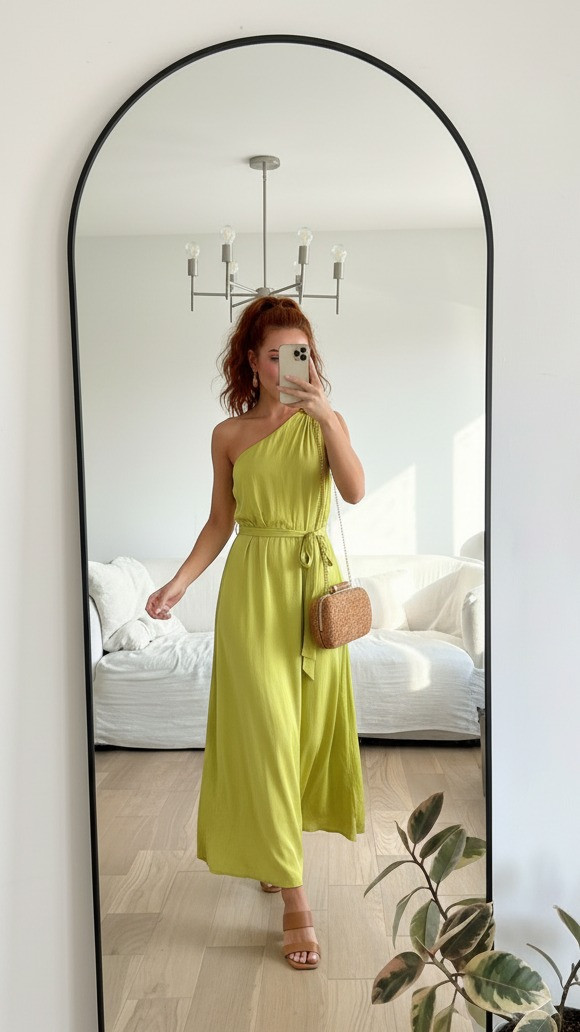 Bold lime green one shoulder maxi dress 💚 styled with neutral heels and a woven clutch for a modern summer wedding guest outfit ☀️. Perfect for destination weddings, beach weddings, and tropical formal events. 

 #LTKootd #LTKWedding