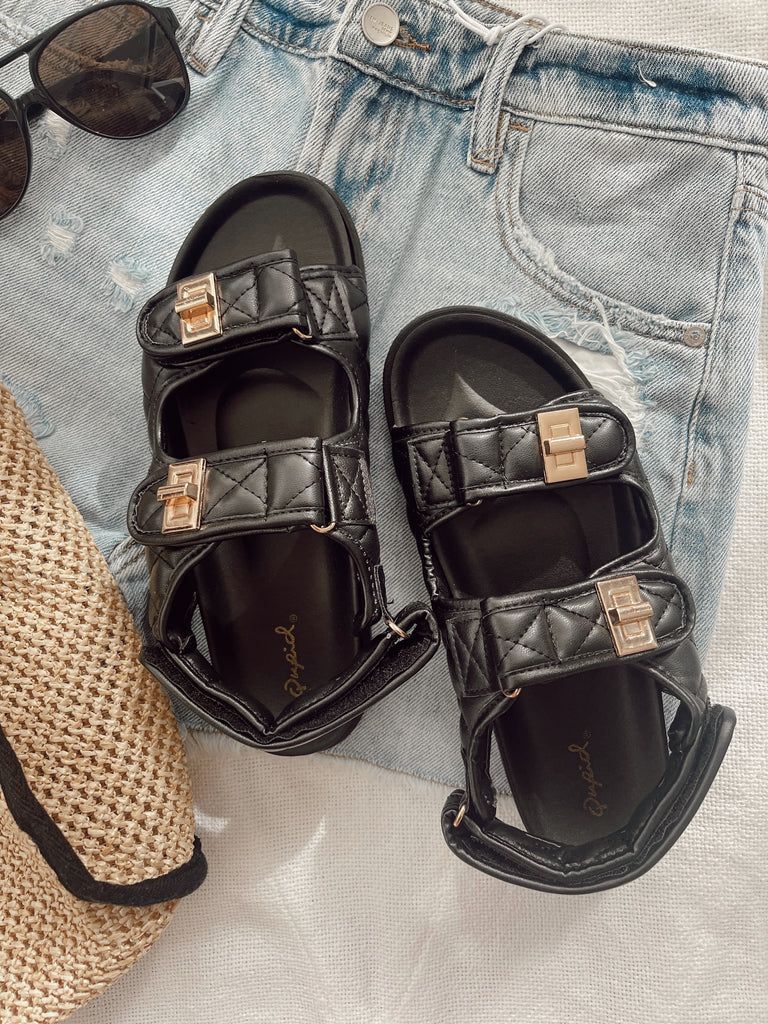 Bree Black Quilted Sandals | She Is Boutique