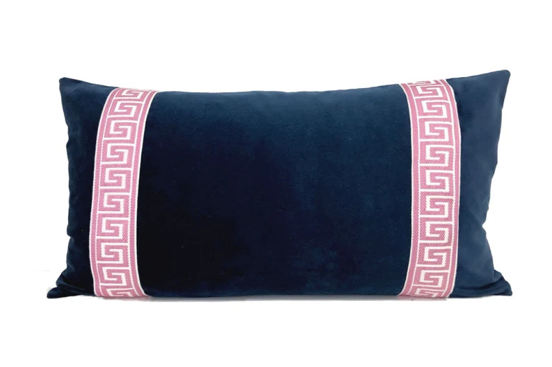 Navy Blue Velvet Lumbar Pillow Cover with Greek Key Trim - SELECT TRIM COLOR | Etsy (US)