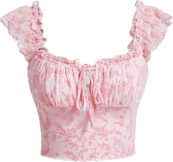 COZYEASE Women's Floral Print Ruched Bust Frill Trim Knot Front Crop Tee Cap Sleeve Bodycon Summe... | Amazon (US)