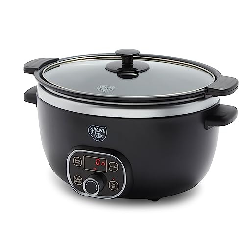 GreenLife 6 Quart Ceramic Slow Cooker, PFAS-Free, Programmable, Removable Healthy Nonstick Pot for large families, Sear on Stovetop, Keep Warm, Digital Timer, Dishwasher Safe Glass Lid & Crock, Black | Amazon (US)