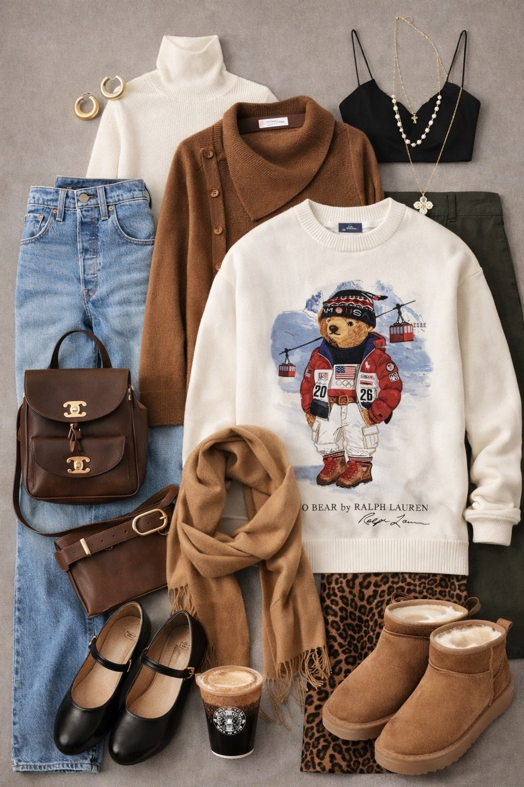 A Pinterest-worthy flatlay featuring a cozy, elevated fall-to-winter outfit arranged in a balanced, editorial layout. Centered ivory Polo Bear sweater as the hero piece, layered with classic blue straight-leg jeans and a camel wrap cardigan. Neutral accessories styled intentionally: black Mary Jane flats and chestnut suede mini boots placed diagonally for contrast, leopard print skirt folded neatly for texture, camel scarf draped softly for movement. Luxe brown leather backpack and belt bag positioned symmetrically. Minimal gold jewelry accents and a warm coffee cup for lifestyle detail. Soft gray background, natural diffused lighting, clean shadows, timeless preppy-chic aesthetic, Ralph Lauren inspired, quiet luxury meets cozy classic, high-end Pinterest fashion flatlay.

HASHTAGS
#pinterestfashion #polobear #ralphlaurenstyle #quietluxury #preppychic #fallfashion #winterstyle #neutralwardrobe #classicstyle #capsulewardrobe #cozychic #leopardprint #elevatedcasual #oldmoneyvibes #fashionflatlay #pinterestinspo #timelessfashion

#LTKGiftGuide #LTKdayinmylife #LTKHoliday