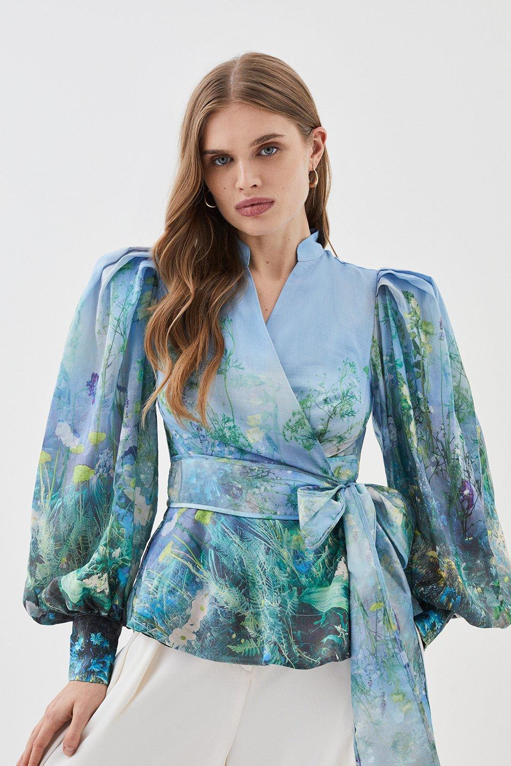Lydia Millen Silk Cotton Scenic Floral Wrap Blouse | Karen Millen US