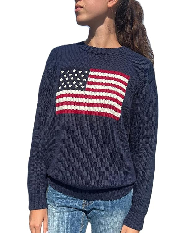 Women American Flag Sweater Long Sleeve Crew Neck Loose Fit Knit Pullover Tops USA Casual Loose P... | Amazon (US)