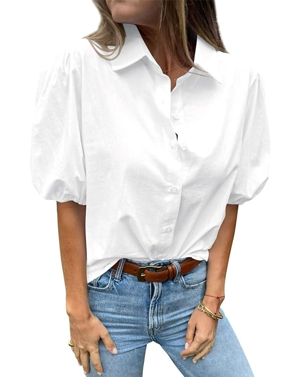 Tankaneo Women's Button Down Shirts Short Puff Sleeve Collared Dressy Casual Blouse Tops | Amazon (US)