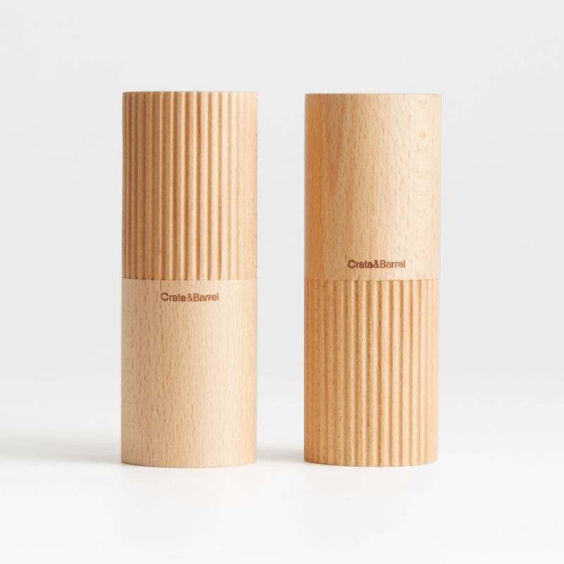 Hanno Fluted Wooden Salt & Pepper Shaker Set + Reviews | Crate & Barrel | Crate & Barrel