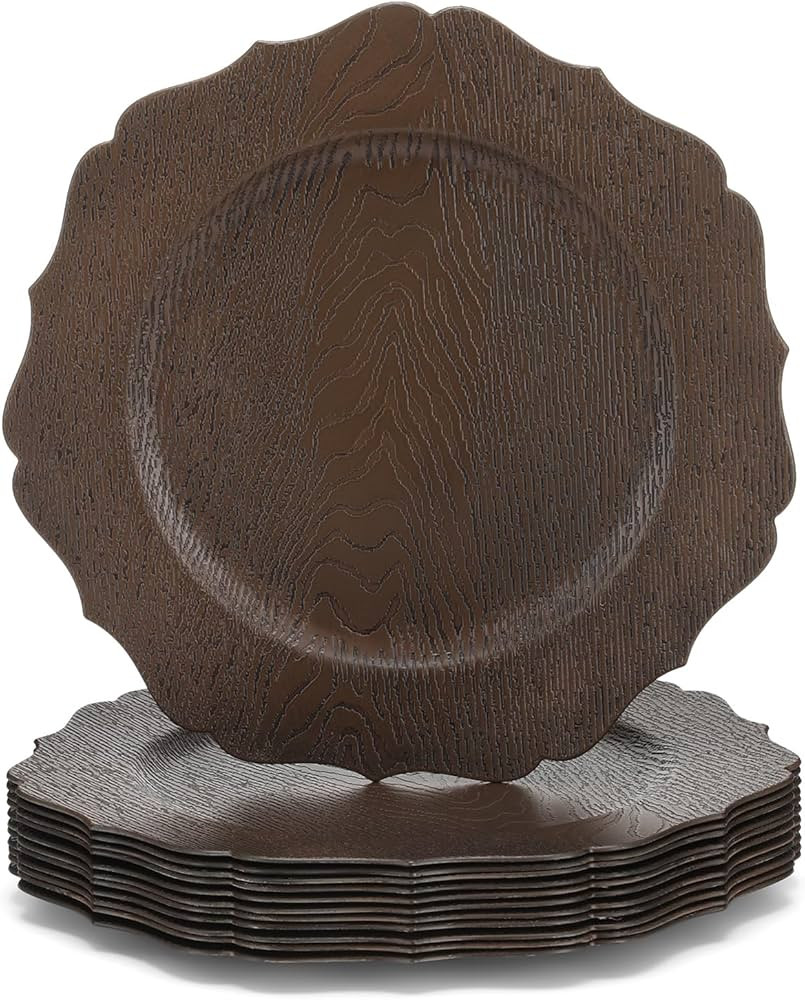 Mifoci 12 Pcs 13" Rustic Brown Wooden Textured Acrylic Chargers Plates with Scalloped Rim Round F... | Amazon (US)