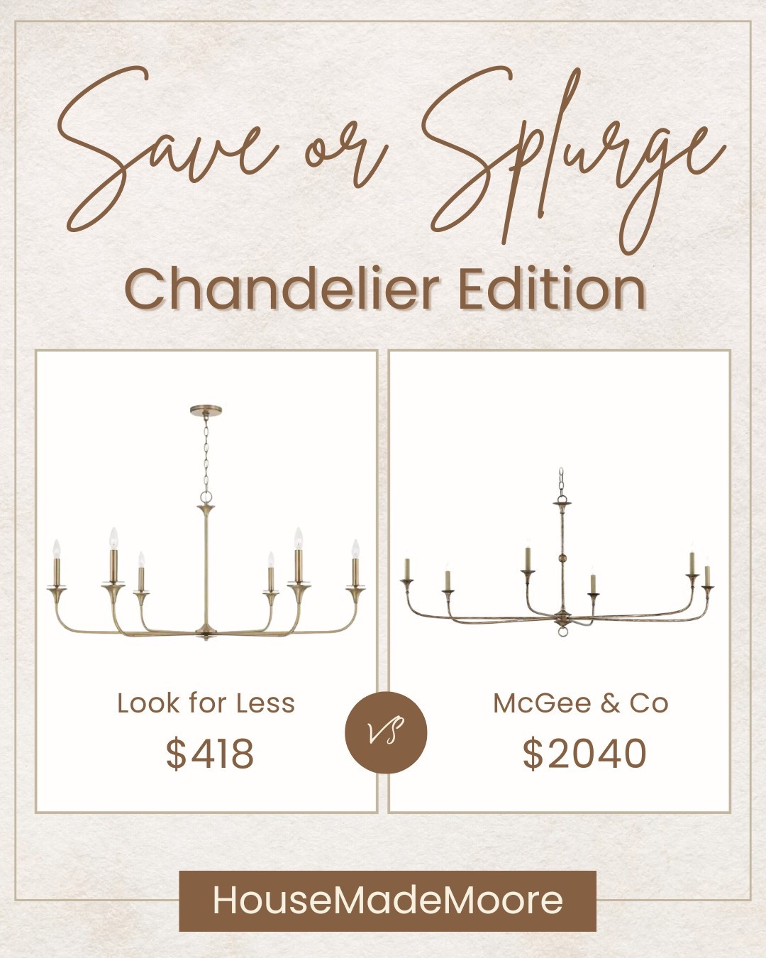 A statement chandelier can instantly elevate any space—but it doesn’t have to come with a jaw-dropping price tag. Whether you’re creating a cozy dining room moment, upgrading your entryway, or adding a focal point to your living space, these save vs. splurge chandeliers bring all the style without the guesswork.

From modern organic lighting to neutral, timeless silhouettes, I found high-end looks and their affordable twins so you can get that designer vibe at your price point.
Would you go for the budget-friendly dupe or the investment piece?

Because lighting can make the room—either way.