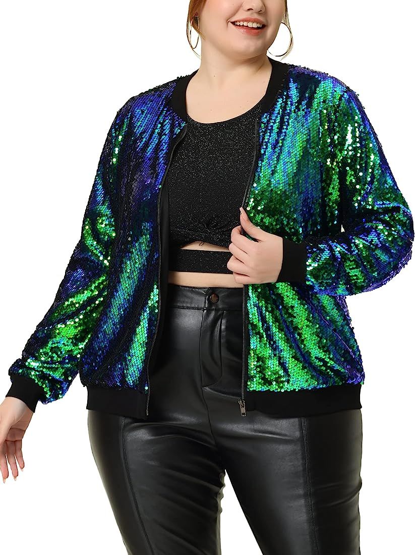 Agnes Orinda Plus Size Metallic Jackets for Women Party Cocktail Sequin Sparkle Zip Bomber Jacket... | Amazon (US)