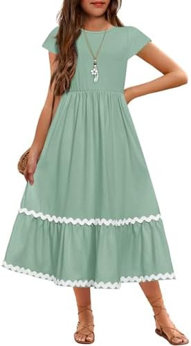 Arshiner Girls Summer Maxi Dresses Short Sleeve Casual Flowy Tiered Dress with Pockets for 4-14 Y... | Amazon (US)