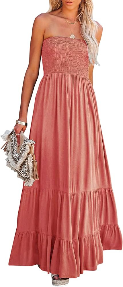 R.Vivimos Womens Summer Cotton Floral Print Strapless Boho Beach Casual Midi Tube Dresses | Amazon (US)