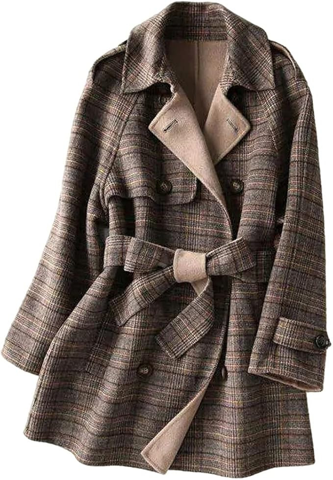 Vintage Plaid Coat Women Wool Coat Fashion Double-Breasted with Belt Outwear Office Jacket Tops F... | Amazon (US)