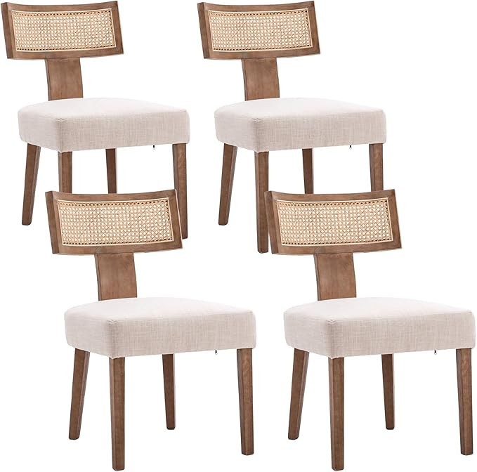 Rattan Farmhouse Dining Chair Set of 4, Linen Upholstered Cane Dining Chair with Curved Backrest ... | Amazon (US)