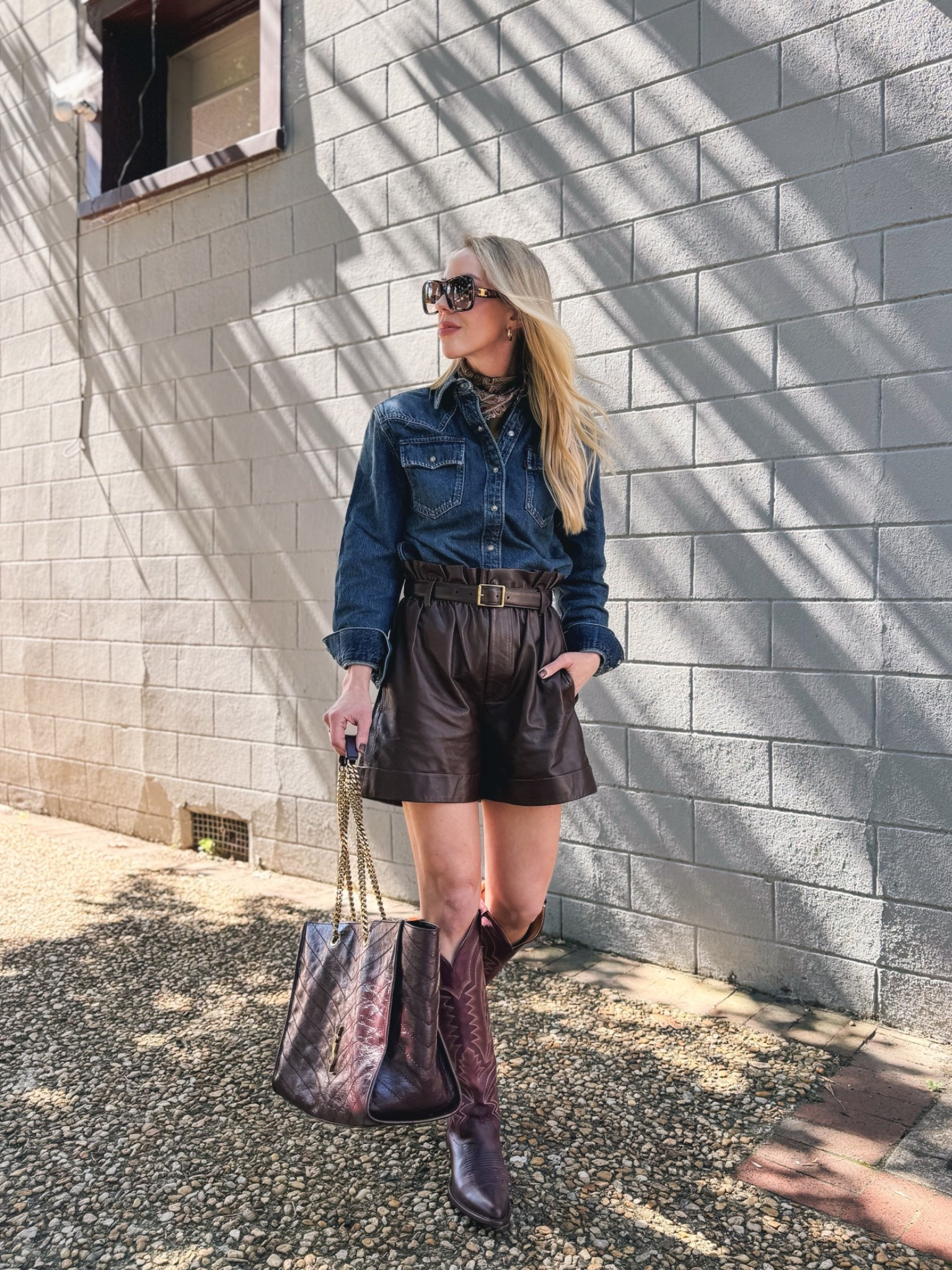Western chic fall outfit, @levi shoulder pad denim shirt, paisley silk scarf, @Tecovas burgundy cowboy boots

#LTKSeasonal #LTKOver40 #LTKSaleAlert