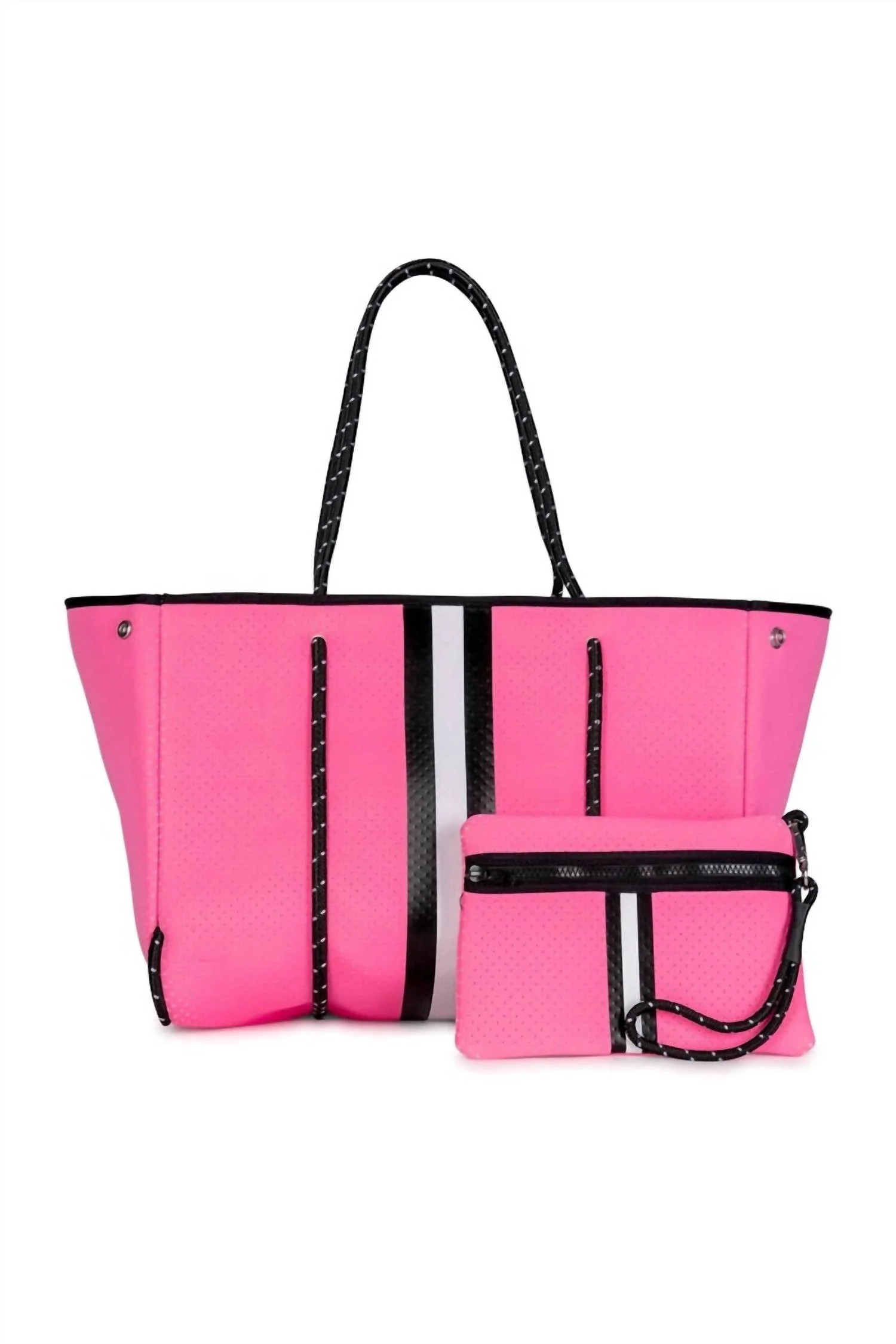 Women's Greyson Hills Tote Bag In Neon Pink/black & White Stripe | Shop Simon