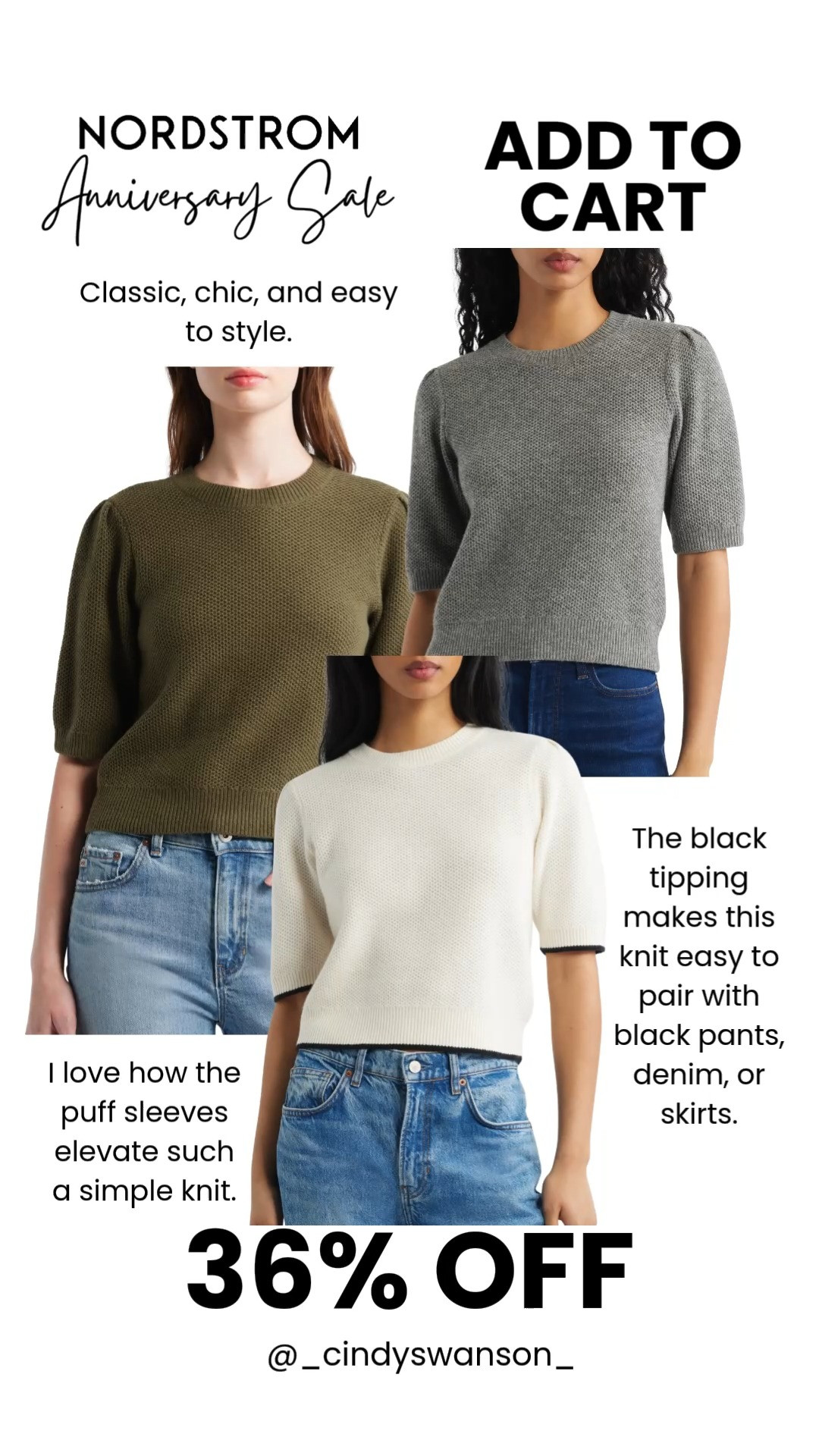 This puff sleeve sweater is one of my favorite Nordstrom Anniversary Sale finds! The textured knit gives it a polished look, and the puff sleeves add just the right amount of detail. I especially love the ivory with black tipping—it pairs effortlessly with black pants, denim, or skirts, but all three colors are timeless staples.
• I sized up one to a medium in these 

💡 LTK MADE EASY
❤️ Heart = Support my posts!
🔖 Save = Get sale & restock alerts
📋 Lists = Keep favorites organized
📲 Share = Send lists and products to a friend. Hello, Christmas List!
💬 Comment = Ask me anything about what I’m wearing.:-)

#LTKootd #LTKOver40 #LTKSaleAlert