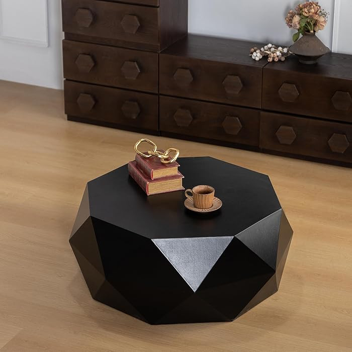 38" Black Wood Diamond-Shaped Coffee Table for Living Room, Modern Wooden Center Table with Spaci... | Amazon (US)