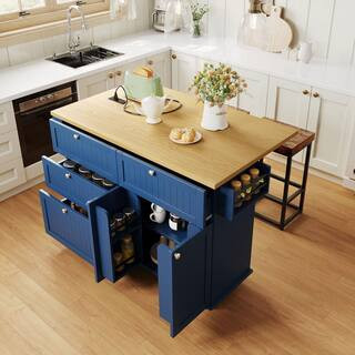 Blue MDF Wood 50.3 in. Kitchen Island Cart Set with Drop Leaf, 2-Stools, Power Outlet, 4-Drawers and Wheels (Set of 3) | The Home Depot