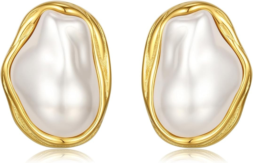 Vintage Pearl Earrings Chunky 14K Gold Plated Pearl Earrings for Women Oval Stud Non Tarnish | Amazon (US)