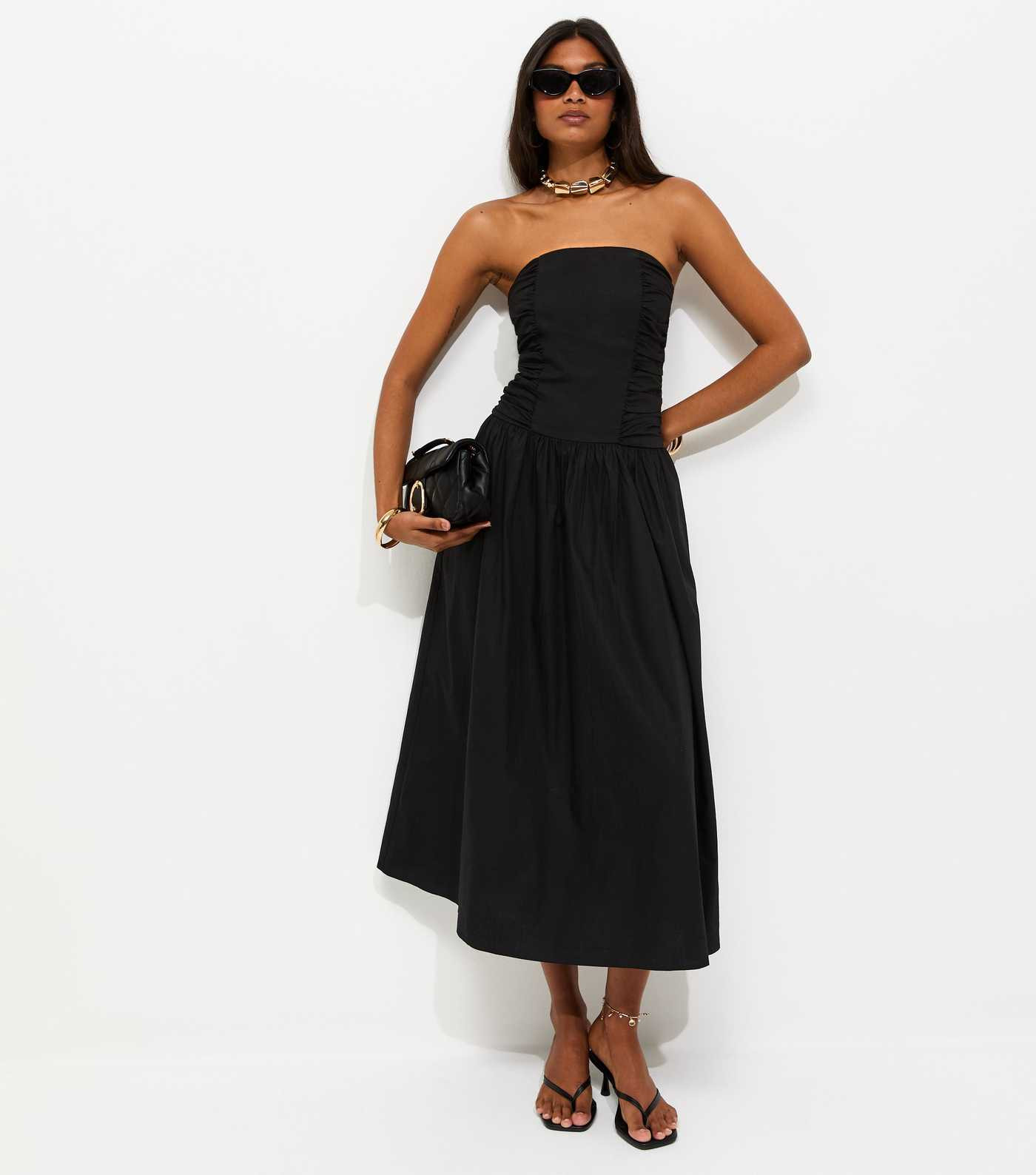 Black Cotton Ruched Bandeau Midi Dress | New Look | New Look (UK)