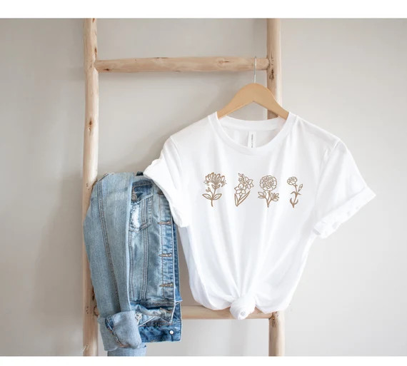 BIRTH MONTH FLOWER Shirt, Custom Shirt, Plant Lady, Family Shirt, Botanical Outline Tee,  Gift fo... | Etsy (US)