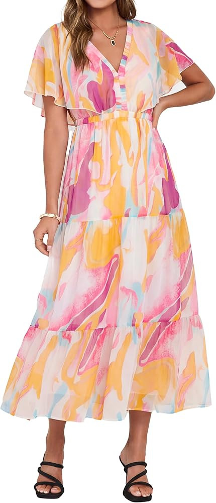 Simplee Womens Floral Boho Maxi Dress Summer Beach Wedding Guest V Neck Ruffle Sleeve Long Flowy ... | Amazon (US)