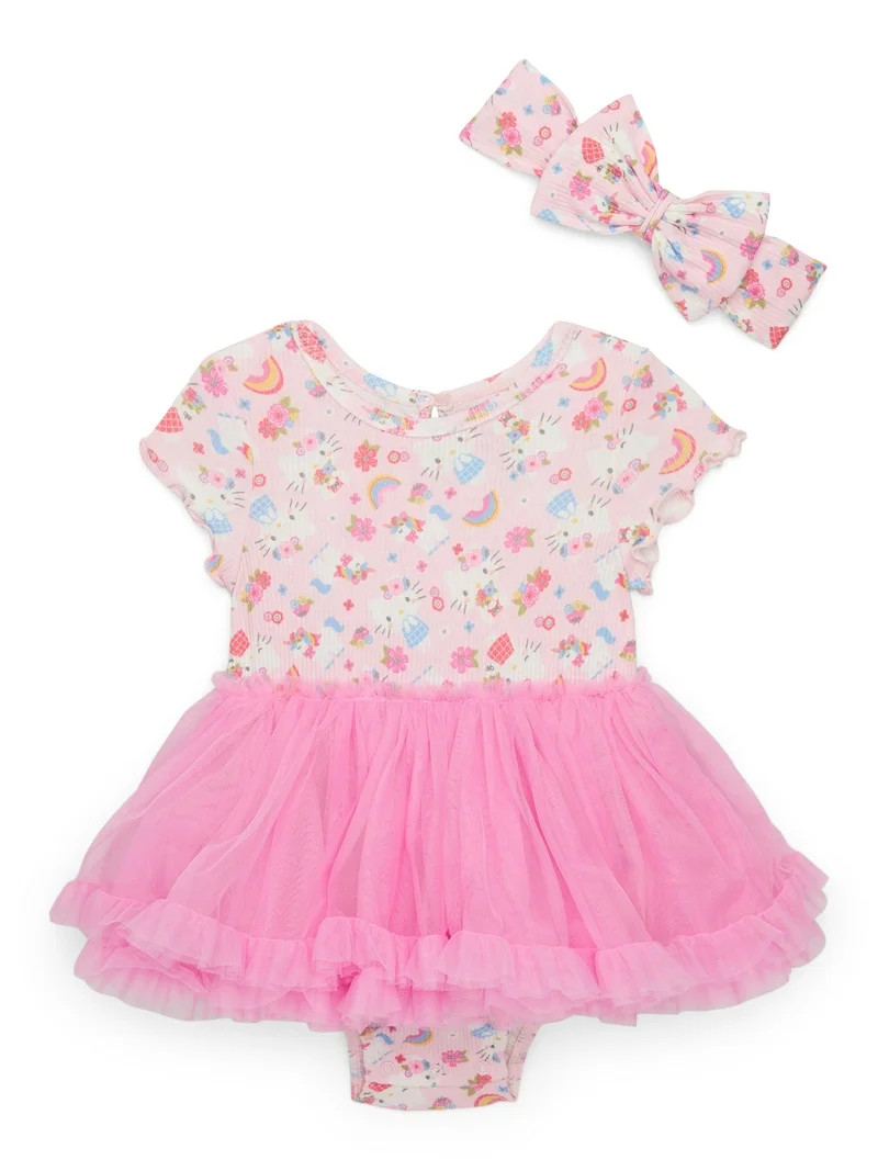 Hello Kitty Baby Girl Allover Print Tutu Dress with Matching Bow Headband, Sizes 0/3M-24M | Walmart (US)