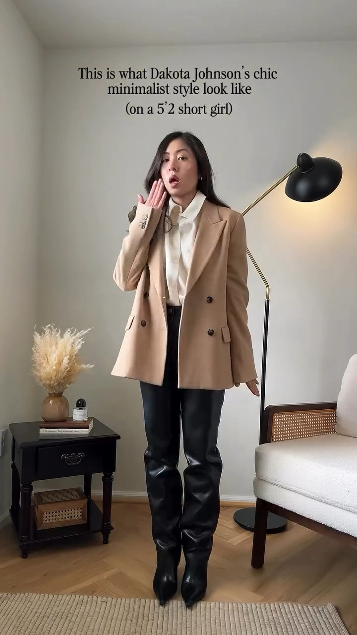Out of all my celebrity outfit recreations, you guys love Dakota Johnson’s the most! 🖤🖤 she’s one chic fashionista, so today we are trying her edgy leather trouser look—with just a few modifications from your 5’2 girlie 🙈 So guys, slay or nay? 

🔗 Outfit specifics always linked in bio → LTK @amandacapsulewardrobe
⸻

#chicoutfit #petitestyle #pintereststyle #dakotajohnsonstyle #capsulewardrobechallenge recreating Pinterest outfits, recreating celebrity outfits, is it the outfit or is she just tall, Pinterest outfit inspiration, chic minimalist style, capsule closet inspiration, how to style a button up top, how to wear loose fitting jeans, mid rise jeans, casual street style, effortless looks, timeless outfit ideas, Dakota Johnson style, casual street style looks, massimo dutti suede blazer, short girl styles, petite styling, 5’2” height